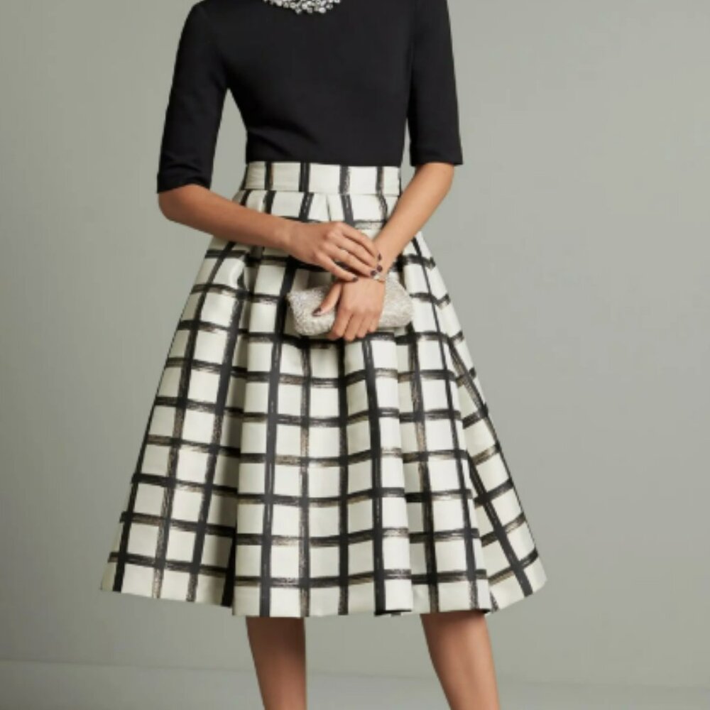 Eliza J Black and Cream/Tan Checkered Gold Brushed A-Line Midi Skirt